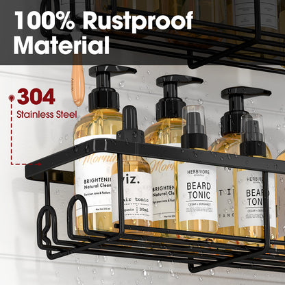 Sakugi Shower Caddy- 2 Pack, Adhesive Shower Organizer with Hooks, Rustproof Stainless Steel Shower Shelves for Bathroom, Inside Shower, Kitchen & Bedroom, Bathroom Organizers No Drilling, Black