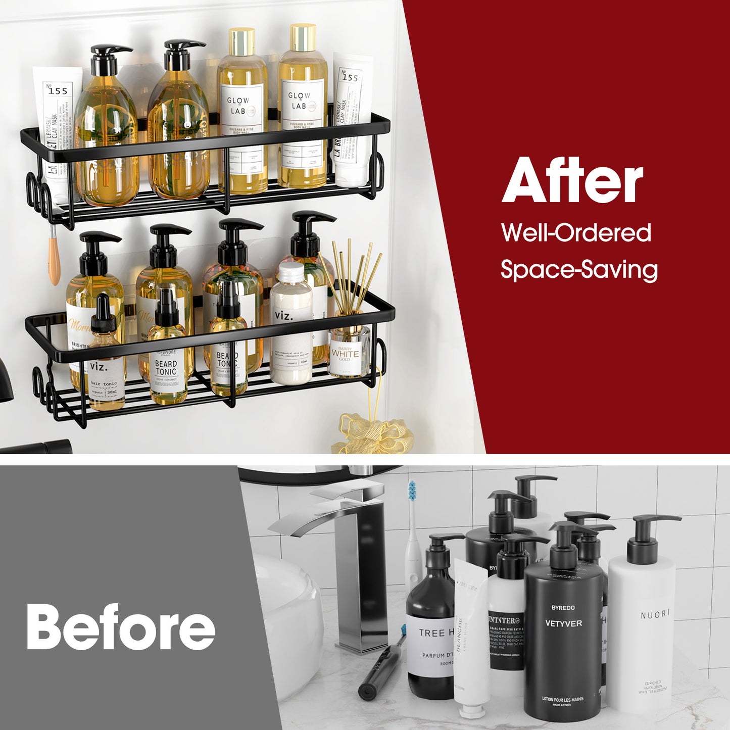 Sakugi Shower Caddy- 2 Pack, Adhesive Shower Organizer with Hooks, Rustproof Stainless Steel Shower Shelves for Bathroom, Inside Shower, Kitchen & Bedroom, Bathroom Organizers No Drilling, Black