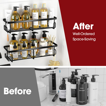 Sakugi Shower Caddy- 2 Pack, Adhesive Shower Organizer with Hooks, Rustproof Stainless Steel Shower Shelves for Bathroom, Inside Shower, Kitchen & Bedroom, Bathroom Organizers No Drilling, Black