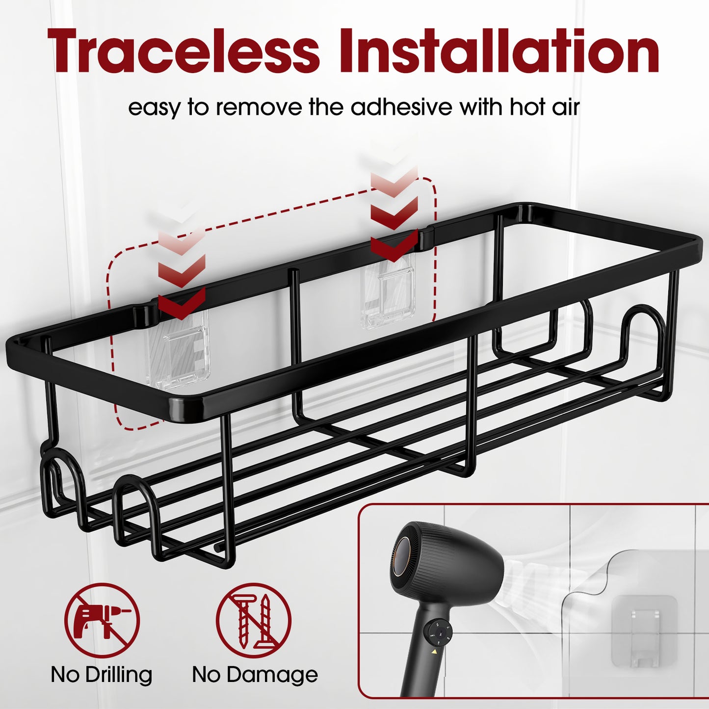 Sakugi Shower Caddy- 2 Pack, Adhesive Shower Organizer with Hooks, Rustproof Stainless Steel Shower Shelves for Bathroom, Inside Shower, Kitchen & Bedroom, Bathroom Organizers No Drilling, Black