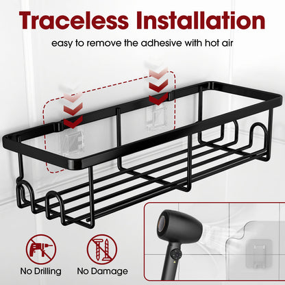 Sakugi Shower Caddy- 2 Pack, Adhesive Shower Organizer with Hooks, Rustproof Stainless Steel Shower Shelves for Bathroom, Inside Shower, Kitchen & Bedroom, Bathroom Organizers No Drilling, Black