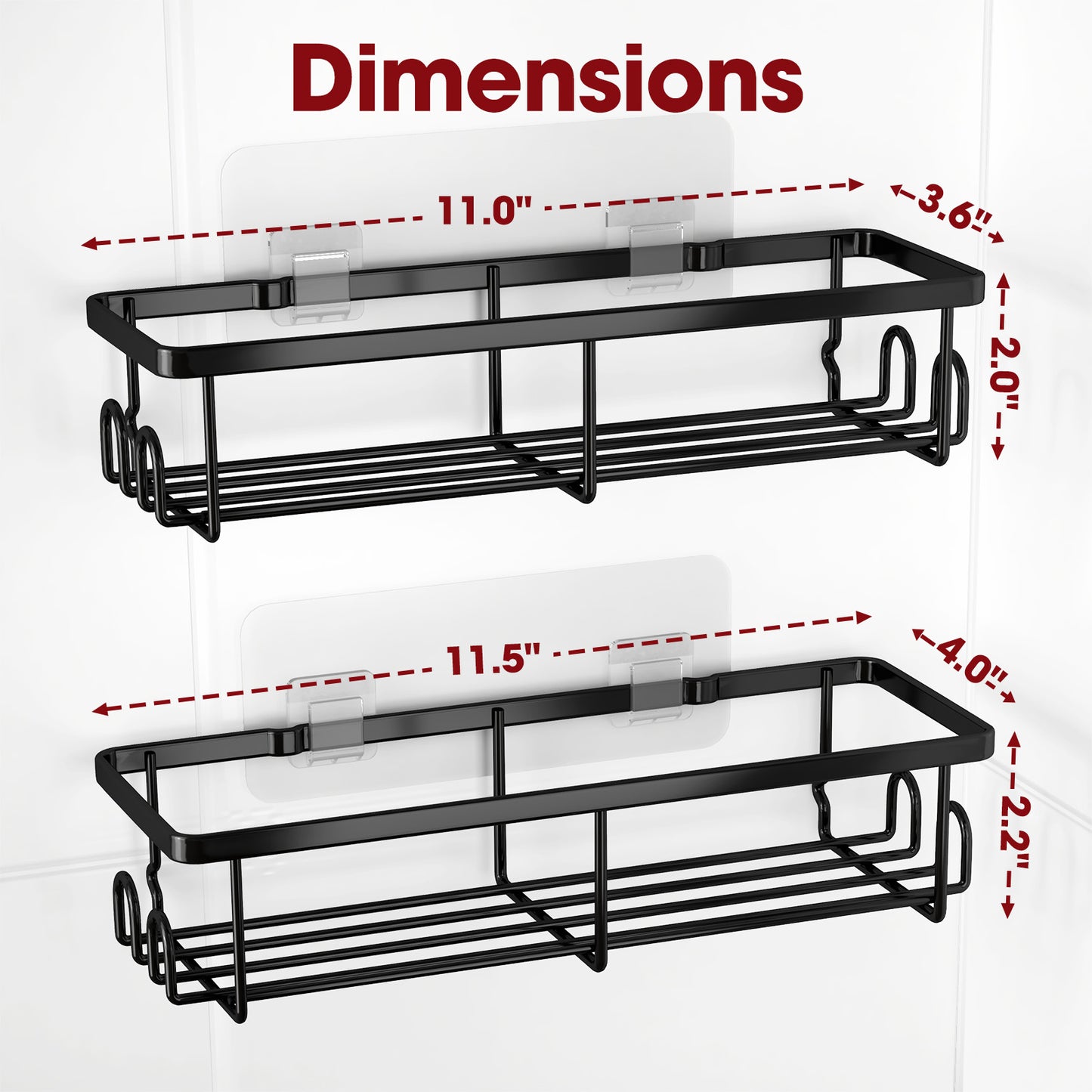 Sakugi Shower Caddy- 2 Pack, Adhesive Shower Organizer with Hooks, Rustproof Stainless Steel Shower Shelves for Bathroom, Inside Shower, Kitchen & Bedroom, Bathroom Organizers No Drilling, Black