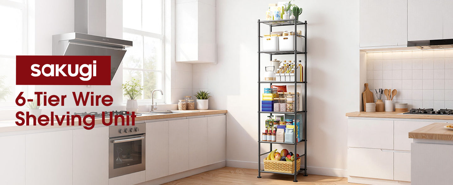 Sakugi 6-Tier Metal Storage Shelves - Slim Shelf Organizer with Reinforced Side Bars, Spacious Storage for Kitchen, Bathroom, and Laundry Room Organization, 18.2" x 12.5" x 70.1", Black