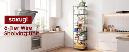Sakugi 6-Tier Metal Storage Shelves - Slim Shelf Organizer with Reinforced Side Bars, Spacious Storage for Kitchen, Bathroom, and Laundry Room Organization, 18.2" x 12.5" x 70.1", Black