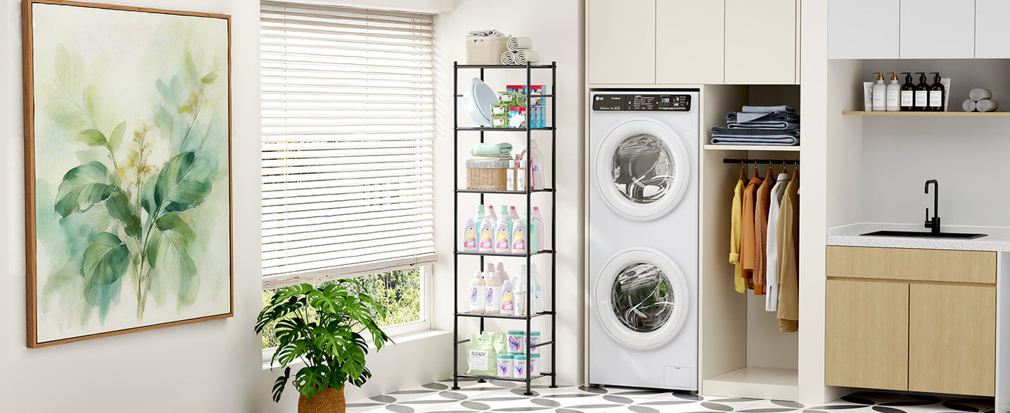 Sakugi 6-Tier Metal Storage Shelves - Slim Shelf Organizer with Reinforced Side Bars, Spacious Storage for Kitchen, Bathroom, and Laundry Room Organization, 18.2" x 12.5" x 70.1", Black