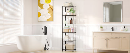 Sakugi 6-Tier Metal Storage Shelves - Slim Shelf Organizer with Reinforced Side Bars, Spacious Storage for Kitchen, Bathroom, and Laundry Room Organization, 18.2" x 12.5" x 70.1", Black