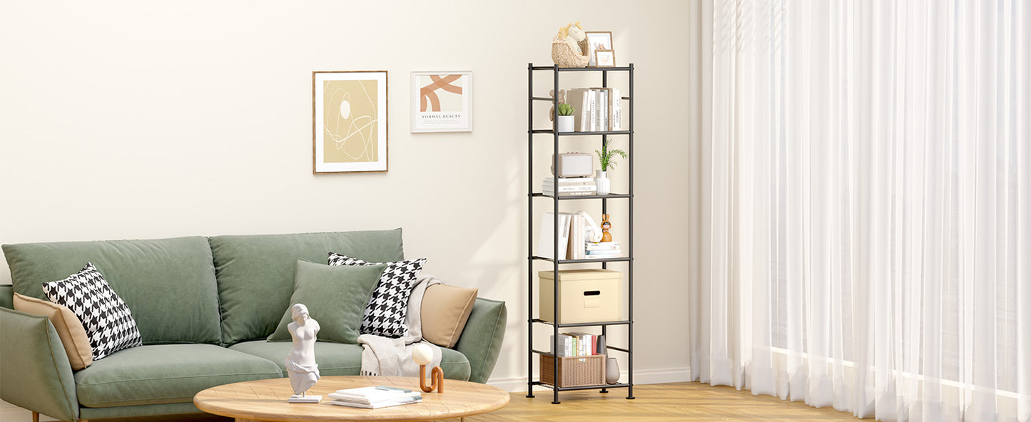 Sakugi 6-Tier Metal Storage Shelves - Slim Shelf Organizer with Reinforced Side Bars, Spacious Storage for Kitchen, Bathroom, and Laundry Room Organization, 18.2" x 12.5" x 70.1", Black