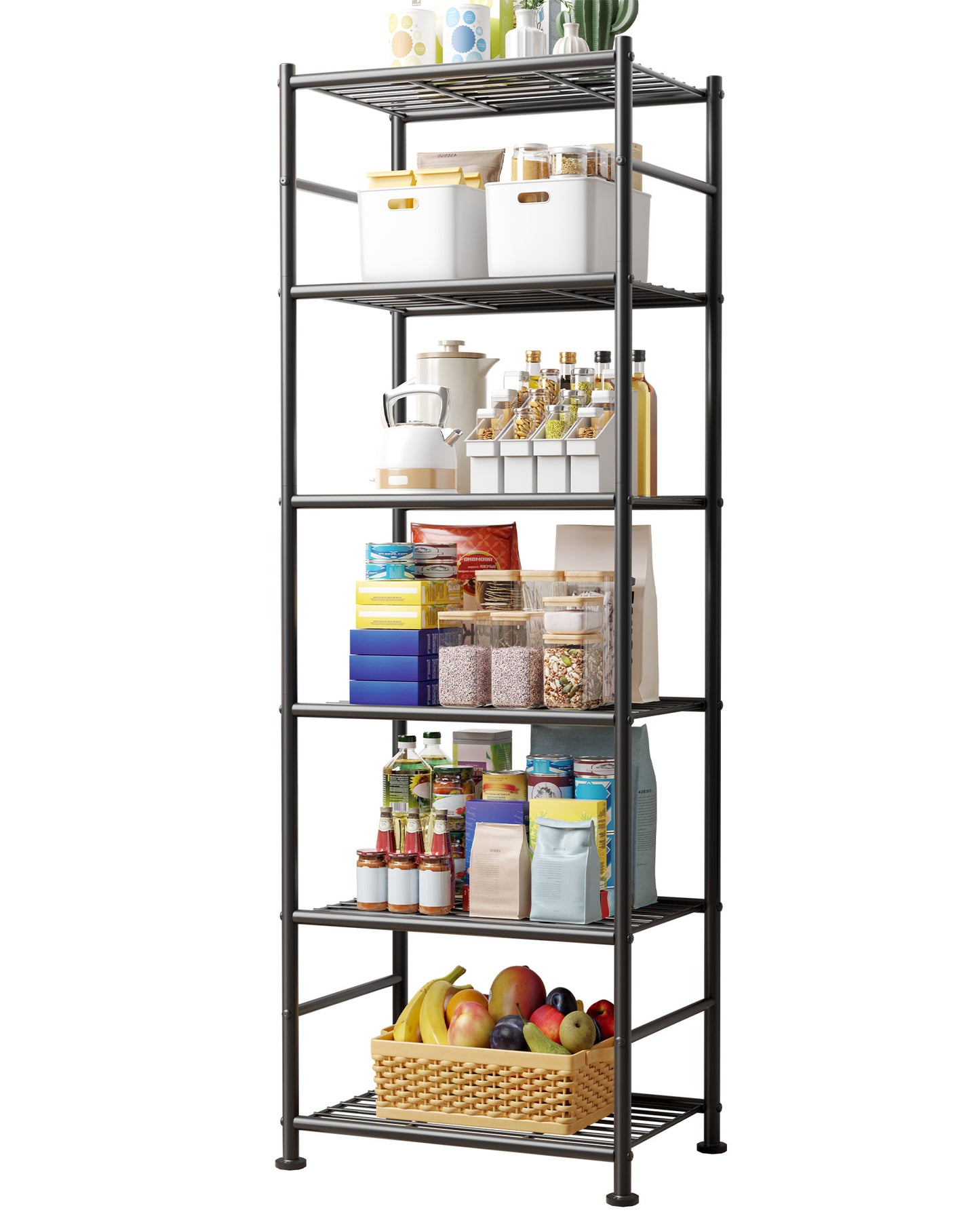 Sakugi 6-Tier Metal Storage Shelves - Slim Shelf Organizer with Reinforced Side Bars, Spacious Storage for Kitchen, Bathroom, and Laundry Room Organization, 18.2" x 12.5" x 70.1", Black