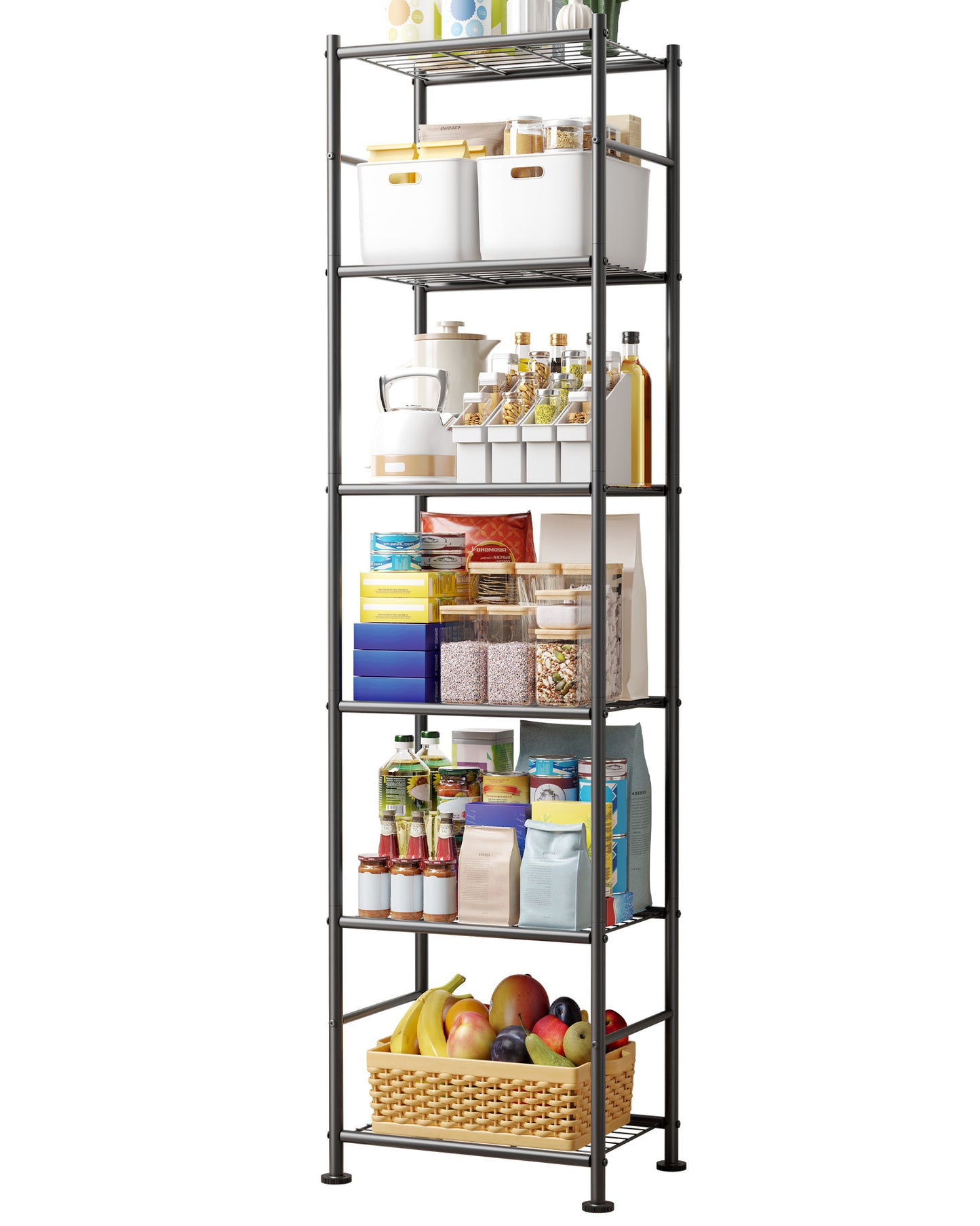 Sakugi 6-Tier Metal Storage Shelves - Slim Shelf Organizer with Reinforced Side Bars, Spacious Storage for Kitchen, Bathroom, and Laundry Room Organization, 18.2" x 12.5" x 70.1", Black