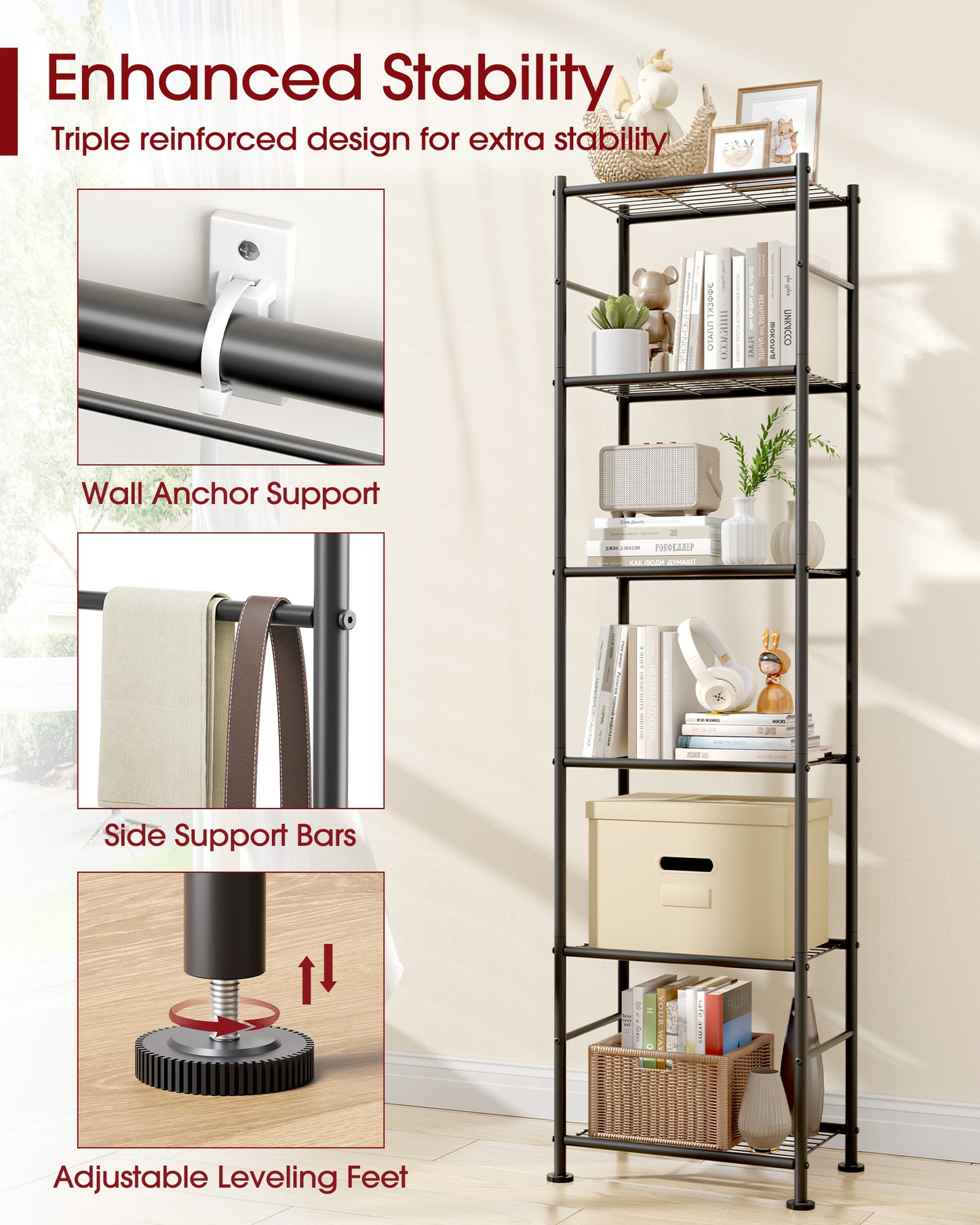 Sakugi 6-Tier Metal Storage Shelves - Slim Shelf Organizer with Reinforced Side Bars, Spacious Storage for Kitchen, Bathroom, and Laundry Room Organization, 18.2" x 12.5" x 70.1", Black