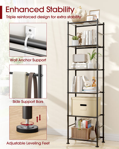 Sakugi 6-Tier Metal Storage Shelves - Slim Shelf Organizer with Reinforced Side Bars, Spacious Storage for Kitchen, Bathroom, and Laundry Room Organization, 18.2" x 12.5" x 70.1", Black