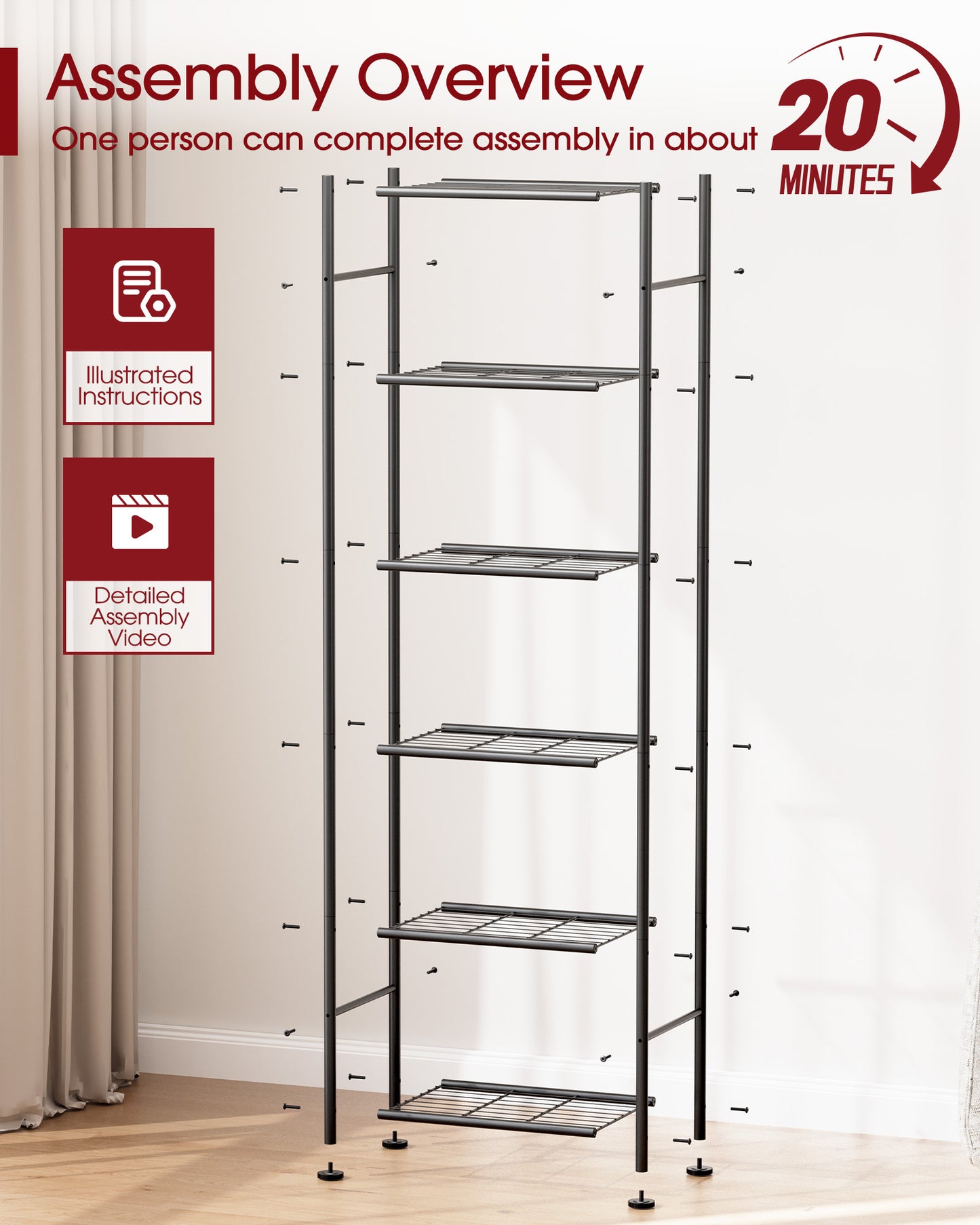 Sakugi 6-Tier Metal Storage Shelves - Slim Shelf Organizer with Reinforced Side Bars, Spacious Storage for Kitchen, Bathroom, and Laundry Room Organization, 18.2" x 12.5" x 70.1", Black