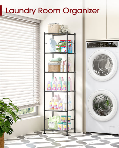 Sakugi 6-Tier Metal Storage Shelves - Slim Shelf Organizer with Reinforced Side Bars, Spacious Storage for Kitchen, Bathroom, and Laundry Room Organization, 18.2" x 12.5" x 70.1", Black