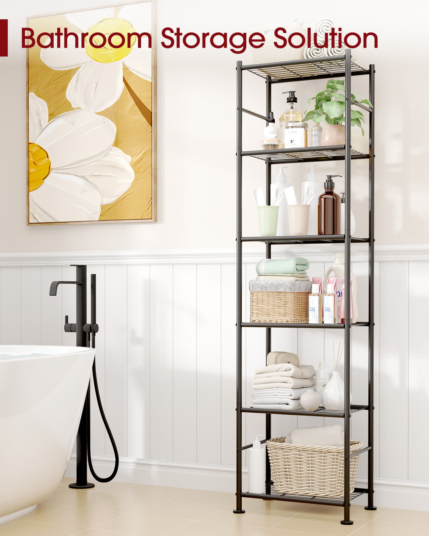 Sakugi 6-Tier Metal Storage Shelves - Slim Shelf Organizer with Reinforced Side Bars, Spacious Storage for Kitchen, Bathroom, and Laundry Room Organization, 18.2" x 12.5" x 70.1", Black
