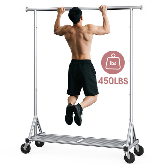 Sakugi Clothes Rack - Heavy-Duty Stainless-Steel Clothing Rack for Hanging Clothes with Mesh Shelf & Lockable Wheels, Versatile Garment Organizer with Anti-Slip Stoppers, Silver