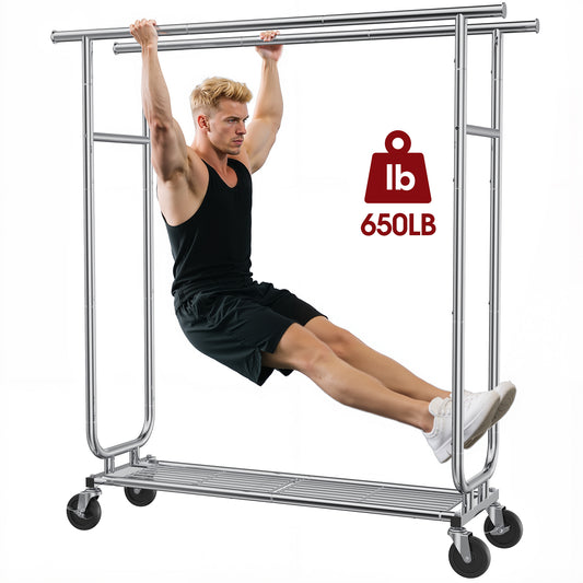 Sakugi Heavy-Duty Clothes Rack - 42.5"×16.5"×65.9" Garment Rack with 4-inch Lockable Wheels, Double-Rod Stainless Steel Clothing Racks for Hanging Clothes in Bedroom, Laundry Room,Silver