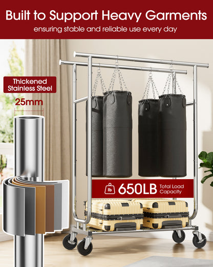 Sakugi Heavy-Duty Clothes Rack - 42.5"×16.5"×65.9" Garment Rack with 4-inch Lockable Wheels, Double-Rod Stainless Steel Clothing Racks for Hanging Clothes in Bedroom, Laundry Room