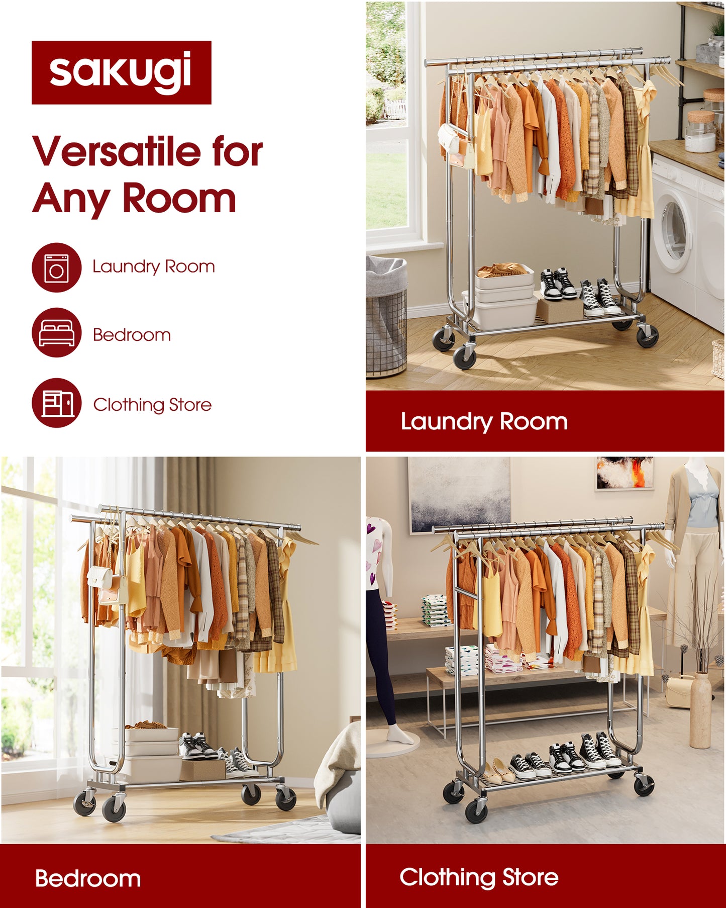 Sakugi Heavy-Duty Clothes Rack - 42.5"×16.5"×65.9" Garment Rack with 4-inch Lockable Wheels, Double-Rod Stainless Steel Clothing Racks for Hanging Clothes in Bedroom, Laundry Room
