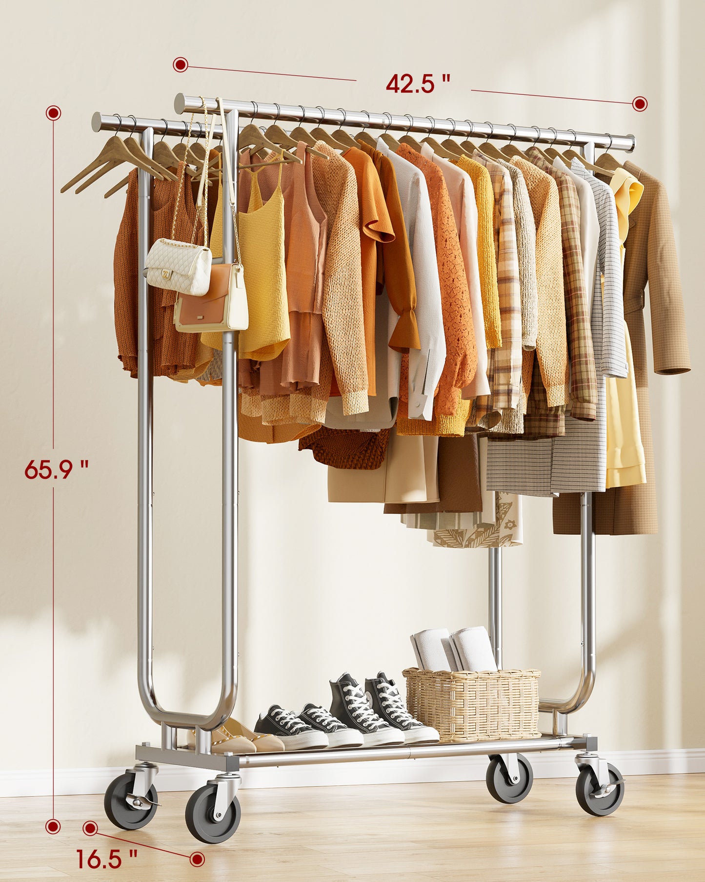 Sakugi Heavy-Duty Clothes Rack - 42.5"×16.5"×65.9" Garment Rack with 4-inch Lockable Wheels, Double-Rod Stainless Steel Clothing Racks for Hanging Clothes in Bedroom, Laundry Room