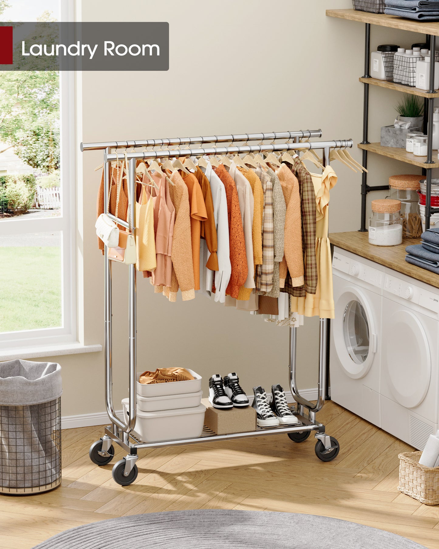 Sakugi Heavy-Duty Clothes Rack - 42.5"×16.5"×65.9" Garment Rack with 4-inch Lockable Wheels, Double-Rod Stainless Steel Clothing Racks for Hanging Clothes in Bedroom, Laundry Room