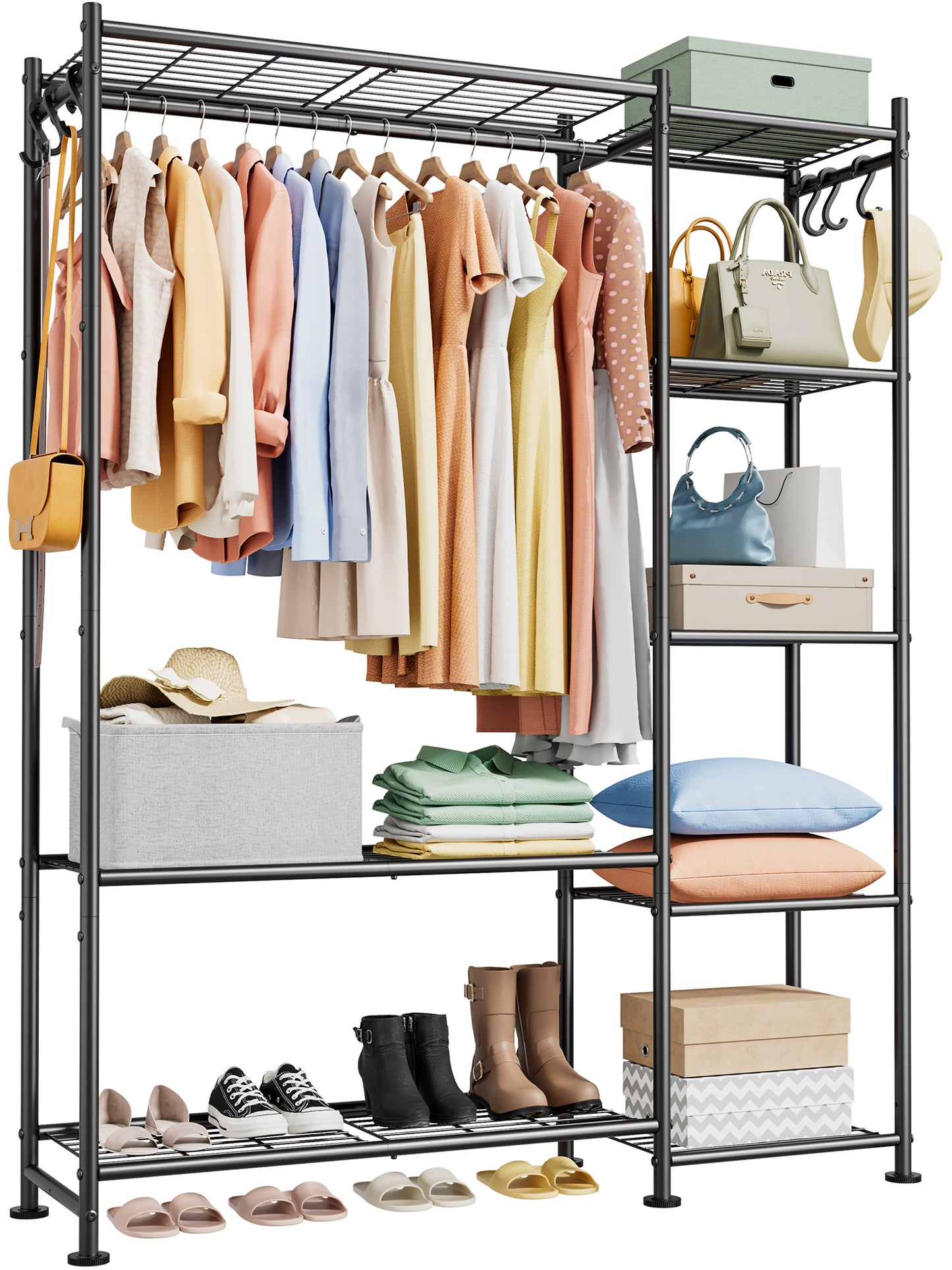 Sakugi Closet Organizers and Storage - Free-Standing Clothes Rack with 6 Hooks, Leveling Feet & Wall Anchor, Wardrobe Closet for Bedroom or Laundry Room, 48.8" x 12.6" x 61.0", Black