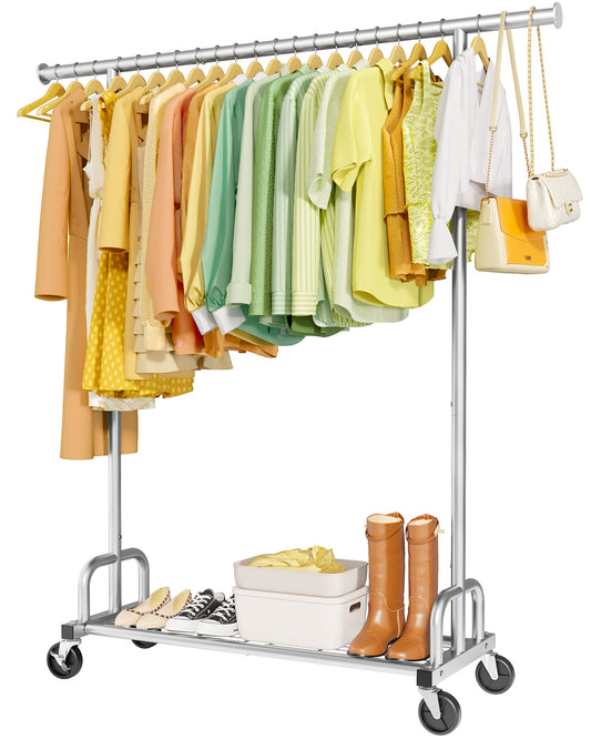 Sakugi Clothes Rack with Lockable Wheels, Large-Capacity Metal Clothing Rack for Hanging Clothes, Space-Saving Garment Organizer for Bedroom, Laundry Room, 45.6" x 16.9" x 61.7", Silver