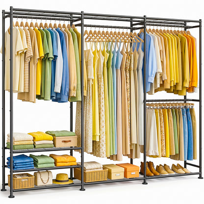 Sakugi Clothes Rack Adjustable Metal Wardrobe Closet, 70.8“ x 12.6” x 77.7“,  For Closet System, Bedroom, Laundry, Clothing Rack with Leveling Feet, 6 Hooks, Wall Anchor, Organizers and Storage, Black