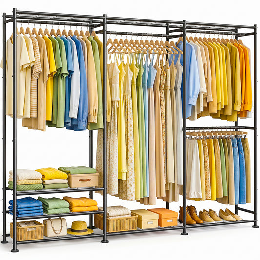 Sakugi Clothes Rack Adjustable Metal Wardrobe Closet, 70.8“ x 12.6” x 77.7“,  For Closet System, Bedroom, Laundry, Clothing Rack with Leveling Feet, 6 Hooks, Wall Anchor, Organizers and Storage, Black