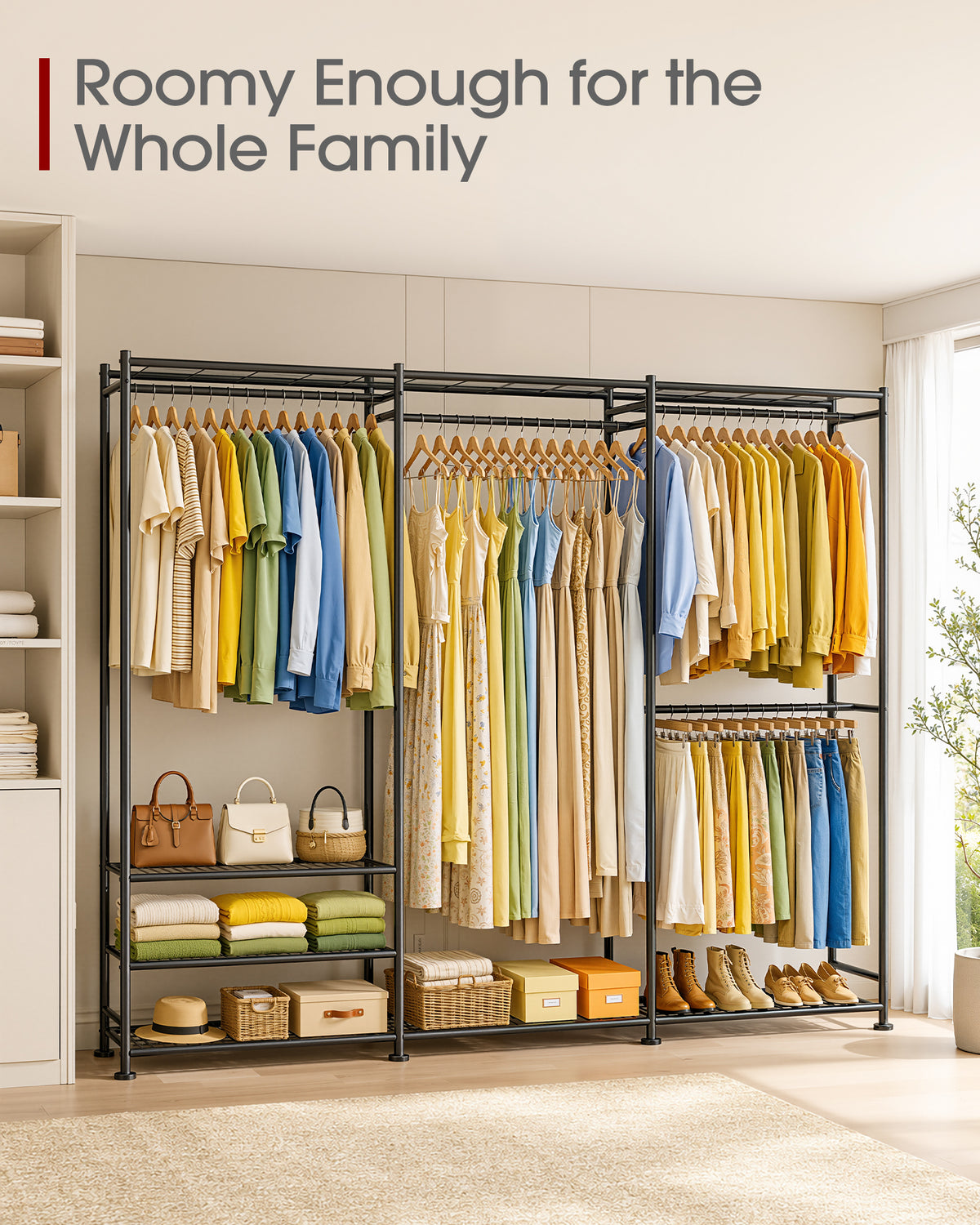 Sakugi Clothes Rack Adjustable Metal Wardrobe Closet, 70.8“ x 12.6” x 77.7“,  For Closet System, Bedroom, Laundry, Clothing Rack with Leveling Feet, 6 Hooks, Wall Anchor, Organizers and Storage, Black