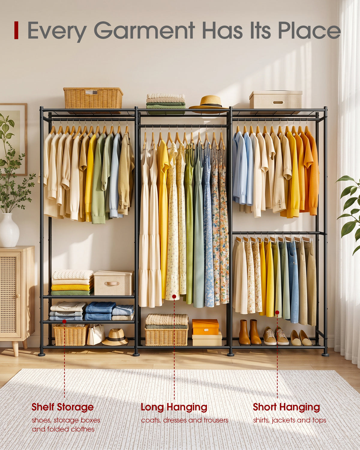 Sakugi Clothes Rack Adjustable Metal Wardrobe Closet, 70.8“ x 12.6” x 77.7“,  For Closet System, Bedroom, Laundry, Clothing Rack with Leveling Feet, 6 Hooks, Wall Anchor, Organizers and Storage, Black