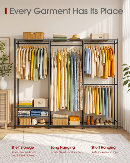 Sakugi Clothes Rack Adjustable Metal Wardrobe Closet, 70.8“ x 12.6” x 77.7“,  For Closet System, Bedroom, Laundry, Clothing Rack with Leveling Feet, 6 Hooks, Wall Anchor, Organizers and Storage, Black