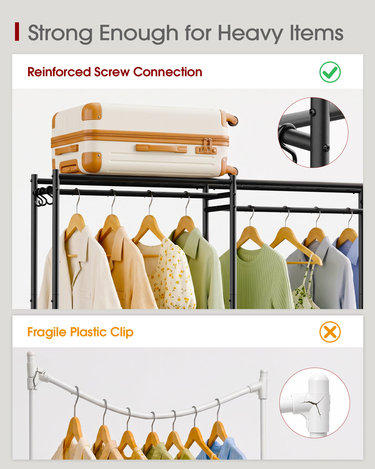 Sakugi Clothes Rack Adjustable Metal Wardrobe Closet, 70.8“ x 12.6” x 77.7“,  For Closet System, Bedroom, Laundry, Clothing Rack with Leveling Feet, 6 Hooks, Wall Anchor, Organizers and Storage, Black