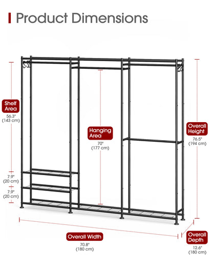 Sakugi Clothes Rack Adjustable Metal Wardrobe Closet, 70.8“ x 12.6” x 77.7“,  For Closet System, Bedroom, Laundry, Clothing Rack with Leveling Feet, 6 Hooks, Wall Anchor, Organizers and Storage, Black