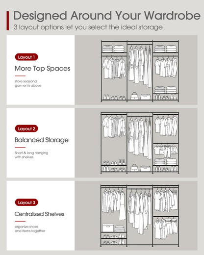 Sakugi Clothes Rack Adjustable Metal Wardrobe Closet, 70.8“ x 12.6” x 77.7“,  For Closet System, Bedroom, Laundry, Clothing Rack with Leveling Feet, 6 Hooks, Wall Anchor, Organizers and Storage, Black