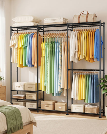Sakugi Clothes Rack Adjustable Metal Wardrobe Closet, 70.8“ x 12.6” x 77.7“,  For Closet System, Bedroom, Laundry, Clothing Rack with Leveling Feet, 6 Hooks, Wall Anchor, Organizers and Storage, Black