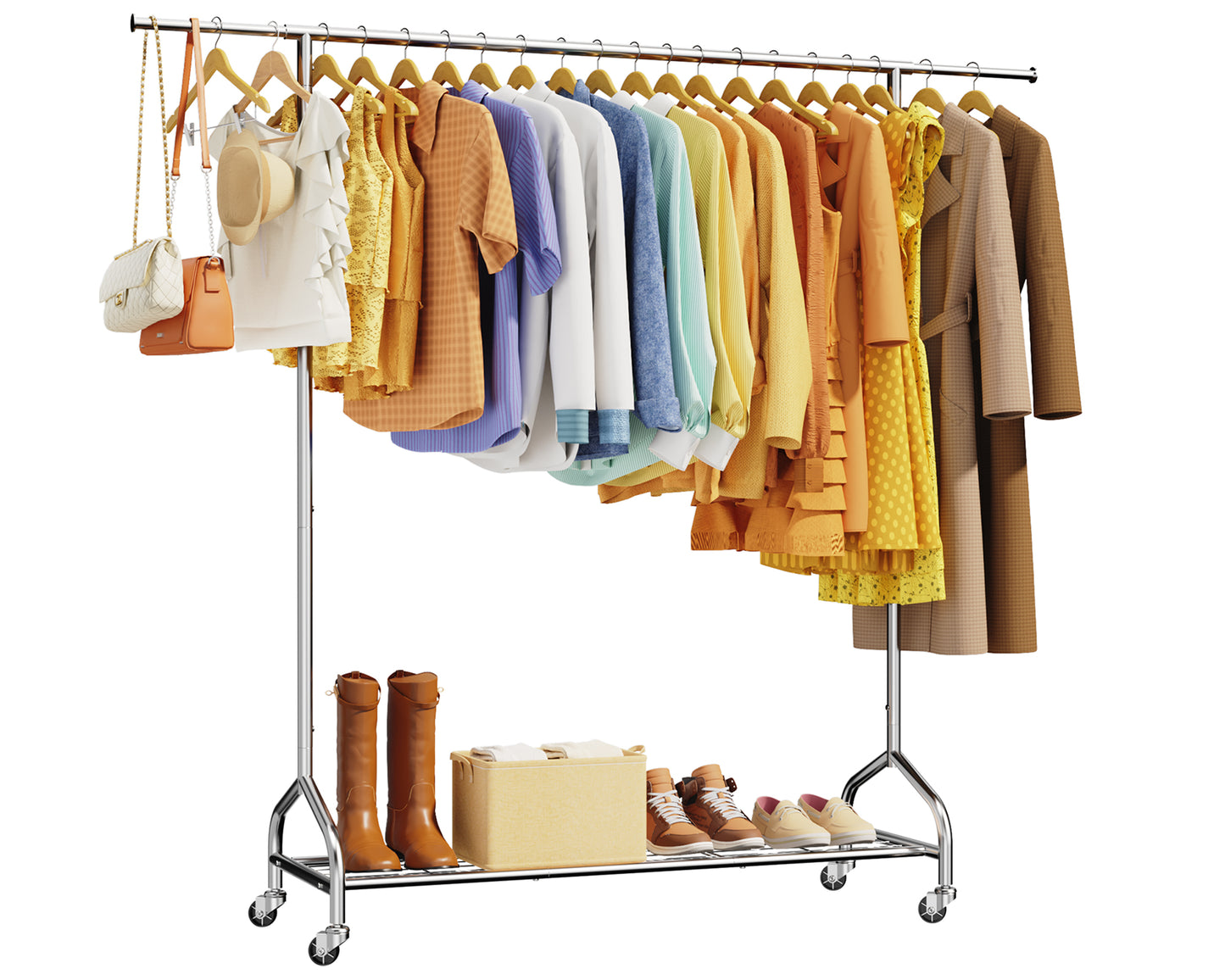 Sakugi Heavy Duty Clothes Rack - Extendable Stainless Steel Clothing Rack for Hanging Clothes with Mesh Shelf, 49.5–74.5" x 61.5" x 16.5", Silver