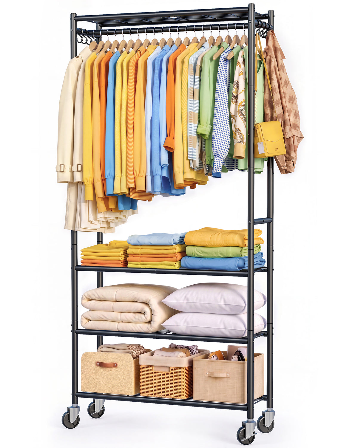 Rolling Clothes Rack with Adjustable Shelves, 33"x12.5"x79.5", Black, For Bedroom, Closet, Laundry Room, Wardrobe, Heavy-Duty Garment Rack, Large Capacity Storage, Metal Frame, Smooth-Rolling Wheels