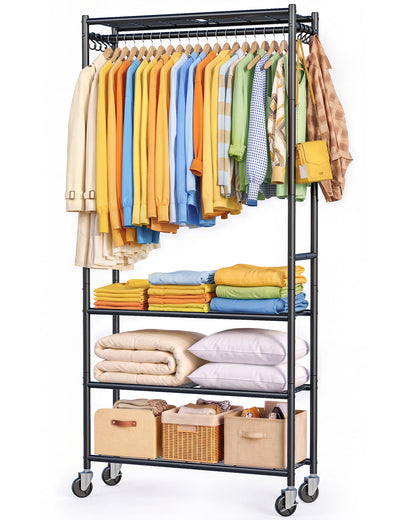 Rolling Clothes Rack with Adjustable Shelves, 33"x12.5"x79.5", Black, For Bedroom, Closet, Laundry Room, Wardrobe, Heavy-Duty Garment Rack, Large Capacity Storage, Metal Frame, Smooth-Rolling Wheels