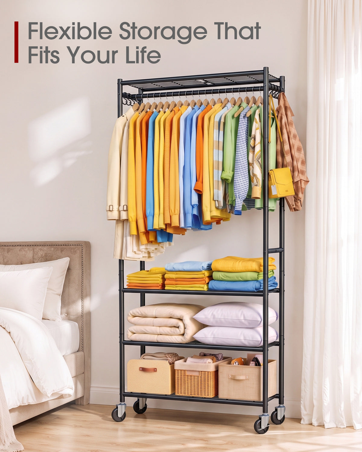 Rolling Clothes Rack with Adjustable Shelves, 33"x12.5"x79.5", Black, For Bedroom, Closet, Laundry Room, Wardrobe, Heavy-Duty Garment Rack, Large Capacity Storage, Metal Frame, Smooth-Rolling Wheels