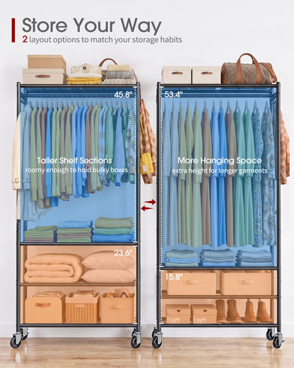 Rolling Clothes Rack with Adjustable Shelves, 33"x12.5"x79.5", Black, For Bedroom, Closet, Laundry Room, Wardrobe, Heavy-Duty Garment Rack, Large Capacity Storage, Metal Frame, Smooth-Rolling Wheels