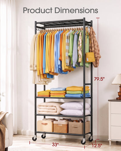 Rolling Clothes Rack with Adjustable Shelves, 33"x12.5"x79.5", Black, For Bedroom, Closet, Laundry Room, Wardrobe, Heavy-Duty Garment Rack, Large Capacity Storage, Metal Frame, Smooth-Rolling Wheels
