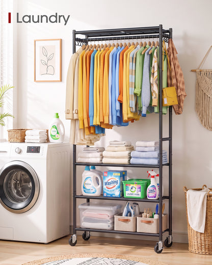Rolling Clothes Rack with Adjustable Shelves, 33"x12.5"x79.5", Black, For Bedroom, Closet, Laundry Room, Wardrobe, Heavy-Duty Garment Rack, Large Capacity Storage, Metal Frame, Smooth-Rolling Wheels