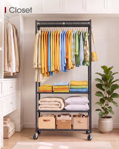 Rolling Clothes Rack with Adjustable Shelves, 33"x12.5"x79.5", Black, For Bedroom, Closet, Laundry Room, Wardrobe, Heavy-Duty Garment Rack, Large Capacity Storage, Metal Frame, Smooth-Rolling Wheels