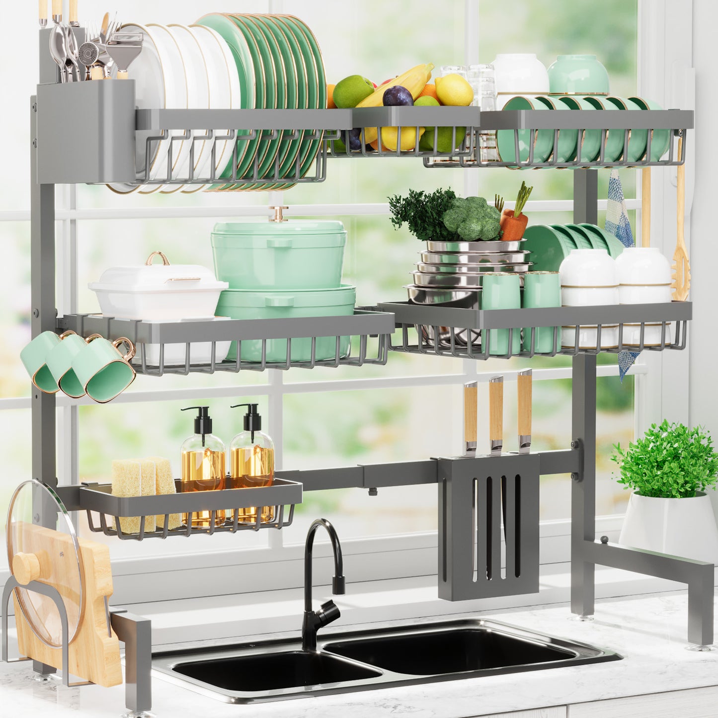 Sakugi Dish Drying Rack - Over The Sink Dish Drainer Drying Rack with Utensil & Knife Holder, Hooks, Stainless Steel Kitchen Organizers and Storage Solution, 11.8" D x 31.5"~39.0''W x 30" H, Black