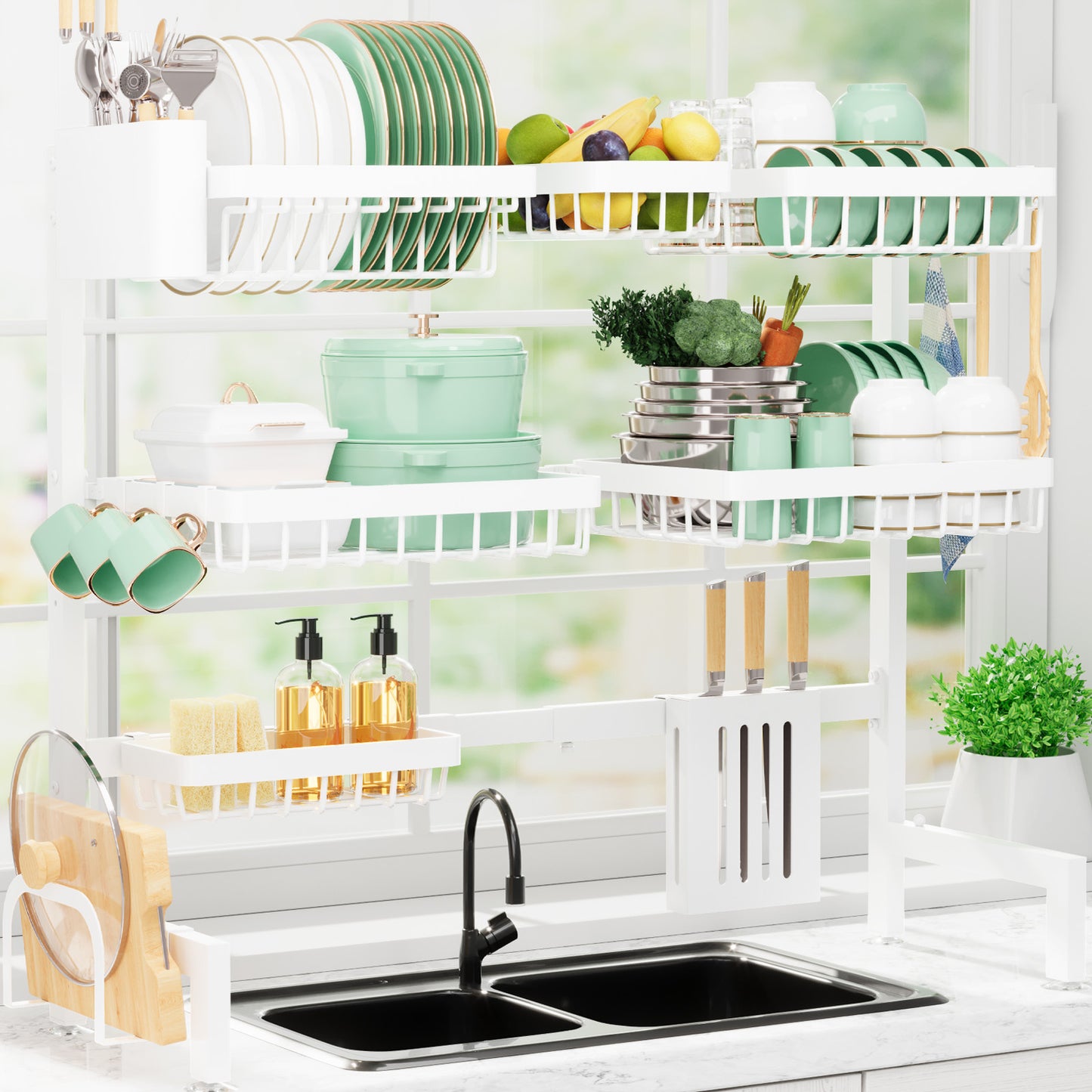 Sakugi Dish Drying Rack - Over The Sink Dish Drainer Drying Rack with Utensil & Knife Holder, Hooks, Stainless Steel Kitchen Organizers and Storage Solution, 11.8" D x 31.5"~39.0''W x 30" H, Black