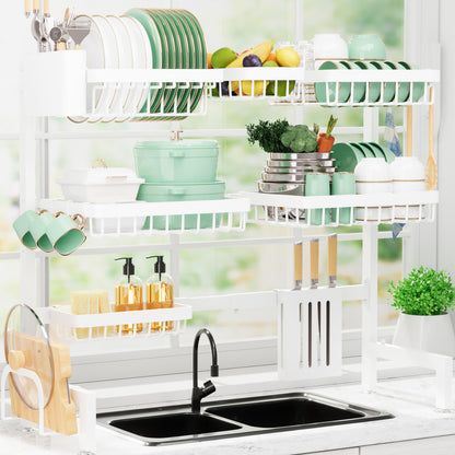 Sakugi Dish Drying Rack - Over The Sink Dish Drainer Drying Rack with Utensil & Knife Holder, Hooks, Stainless Steel Kitchen Organizers and Storage Solution, 11.8" D x 31.5"~39.0''W x 30" H, Black
