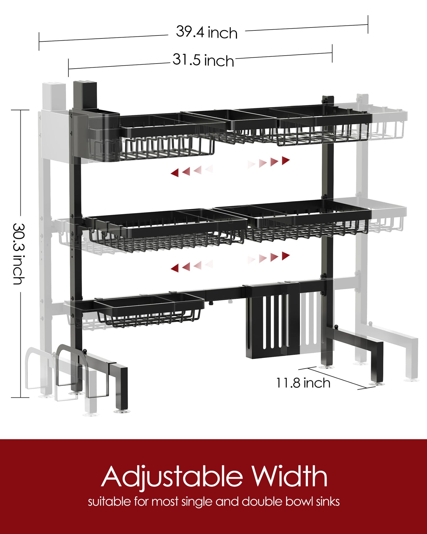 Sakugi Dish Drying Rack - Over The Sink Dish Drainer Drying Rack with Utensil & Knife Holder, Hooks, Stainless Steel Kitchen Organizers and Storage Solution, 11.8" D x 31.5"~39.0''W x 30" H, Black