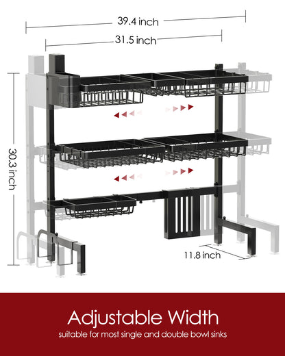 Sakugi Dish Drying Rack - Over The Sink Dish Drainer Drying Rack with Utensil & Knife Holder, Hooks, Stainless Steel Kitchen Organizers and Storage Solution, 11.8" D x 31.5"~39.0''W x 30" H, Black