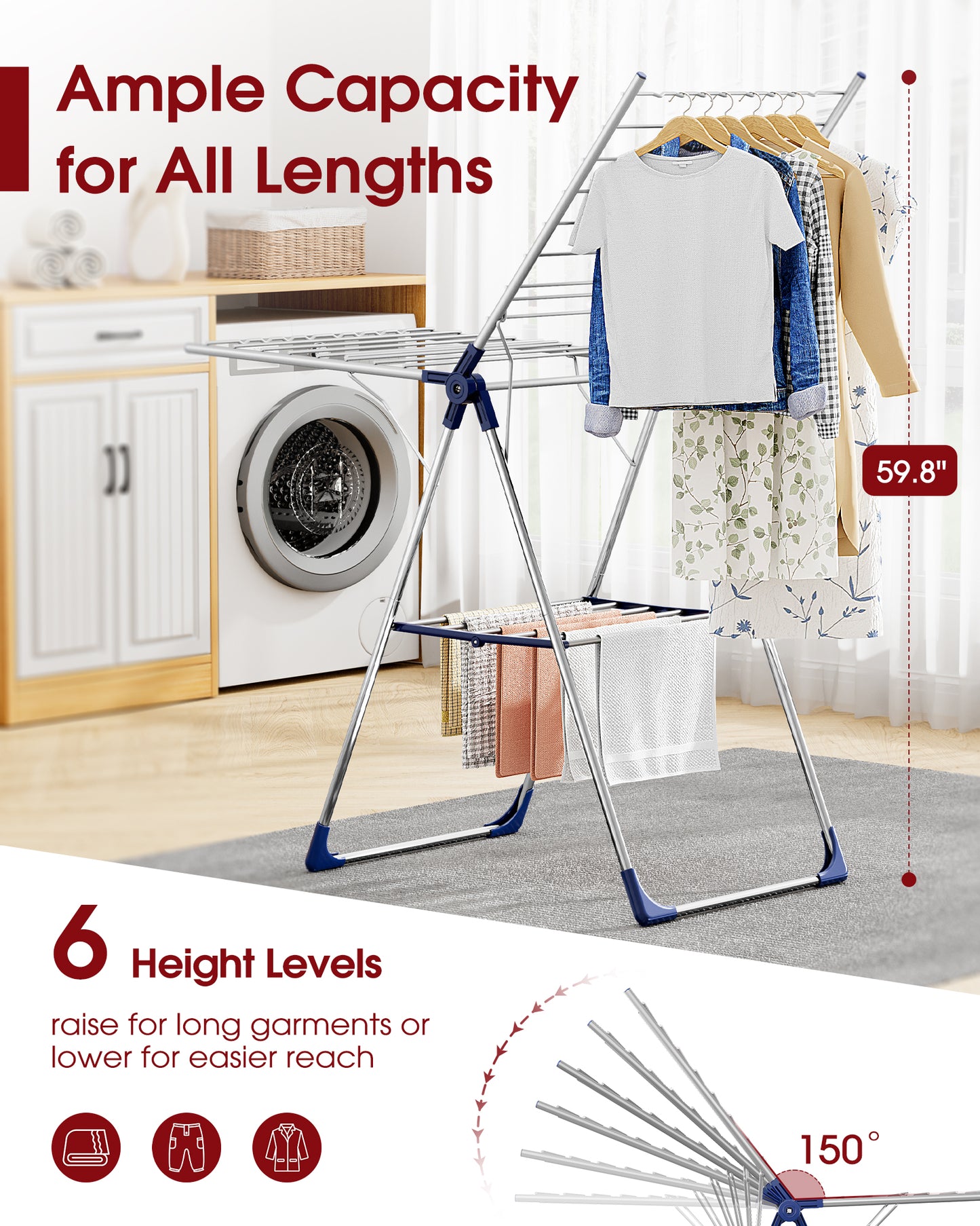 Sakugi Clothes Drying Rack with Height-Adjustable Wings, Metal Foldable Laundry Dryer Stand for Clothing & Bedding, Free-Standing Collapsible for Indoor & Outdoor Use, 55.5" L × 22.8" W, Silver Blue