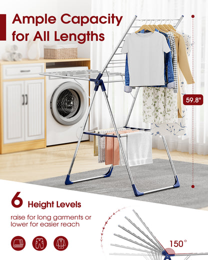 Sakugi Clothes Drying Rack with Height-Adjustable Wings, Metal Foldable Laundry Dryer Stand for Clothing & Bedding, Free-Standing Collapsible for Indoor & Outdoor Use, 55.5" L × 22.8" W, Silver Blue